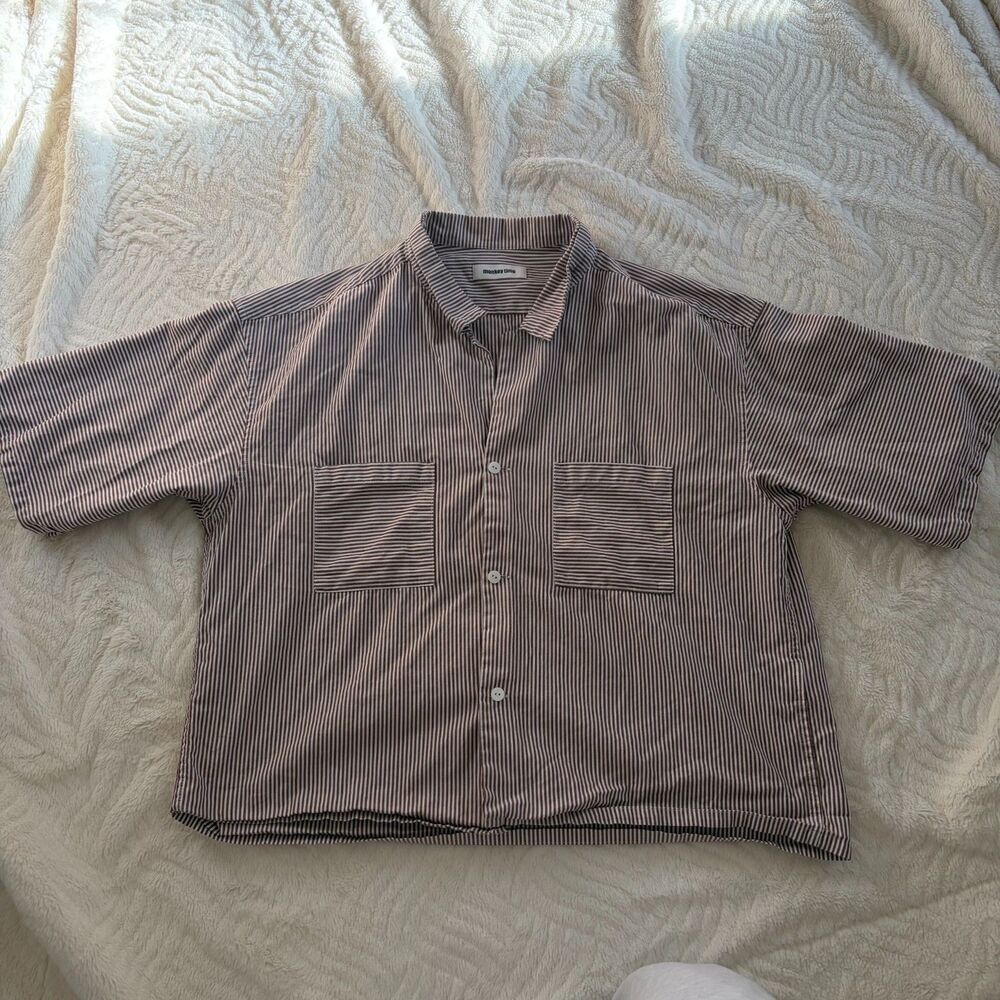 Monkey Time Striped Short Sleeve Button-Down Shirt - Tan/White - Size XL